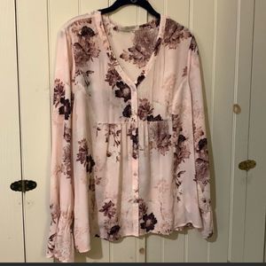 Emaline Pink Blouse XL Floral Purple See-Thru Like NEW